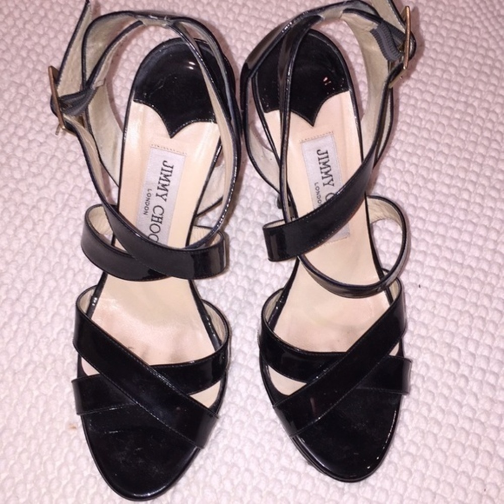 Jimmy Choo Black Strappy Patent Leather Heels